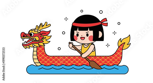 Cute cartoon girl rowing a traditional Chinese dragon boat.