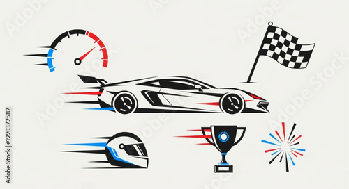 Racing car speed meter helmet checkered flag trophy and fireworks.