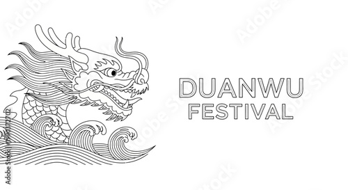 Black and white illustration of a Chinese dragon emerging from stylized waves for Duanwu Festival.