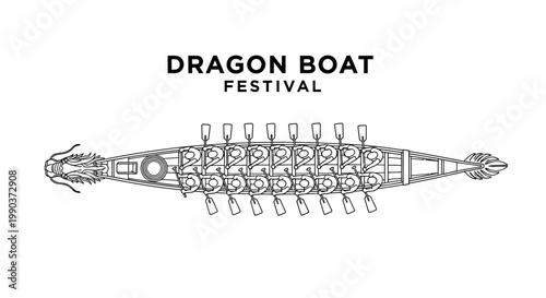 Top down view of a traditional Chinese dragon boat illustration.