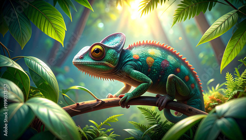 the image features a vividly colored reptile perched on a branch in a lush, green environment. the reptile's skin displays a mix of green and blue hues, adorned with colorful circular patterns