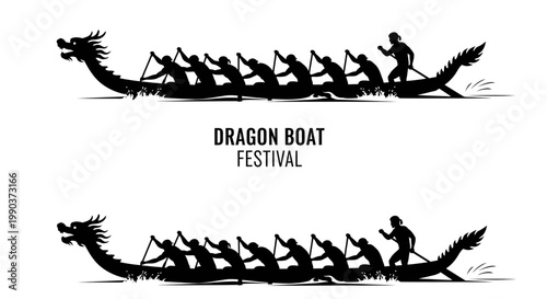 Black and white illustration of Dragon Boat Festival racing teams.