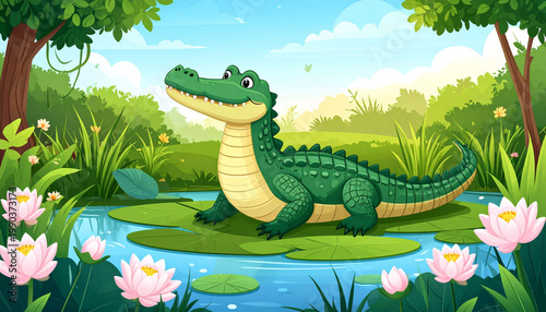 an animated illustration portrays a green reptile resting on a cluster of lily pads in a watery environment. the creature has a long, sturdy tail and a smiling expression with visible teeth