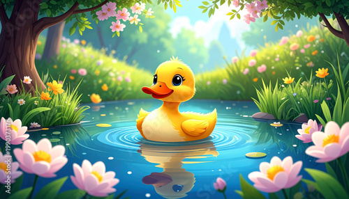 the image depicts a bright, cartoon style scene in a tranquil, lush environment. a little duck floats serenely in a clear pond