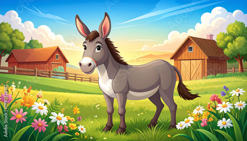 in a vibrant, cartoonish landscape, a gray donkey stands in a field filled with colorful flowers
