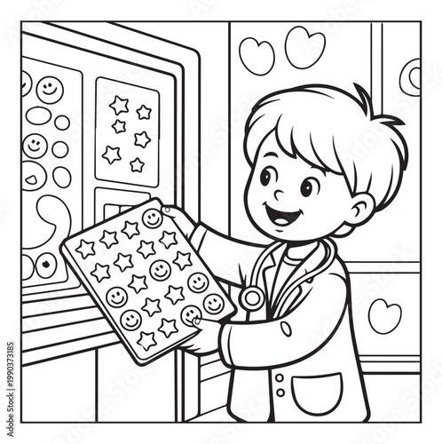 Medical student activity book of a cute doctor working in hospital black line art vector illustration coloring page for kids and adults