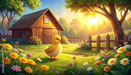 this illustration depicts a small, yellow chick standing in a sunny, flower filled field. the chick is the focal point, set against a backdrop of green grass and colorful blossoms