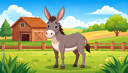 the image portrays a cartoon of a donkey, standing in a grassy field. in the background is a wooden barn and a picket fence