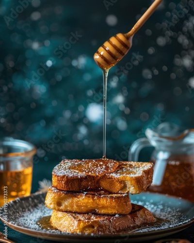 Thick brioche French toast with drizzling honey on a dark teal background