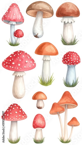 Watercolor Mushroom Collection With Red Agaric And Forest Fungi Isolated On White Background