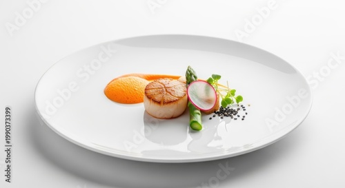 A beautifully presented dish of seared scallops with vibrant vegetables and sauce on a white plate