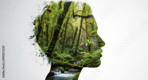 A creative double exposure image of a human head filled with a vibrant green forest and a small stream
