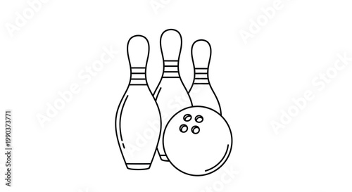 A simple black and white line drawing depicts three bowling pins and a bowling ball representing the sport