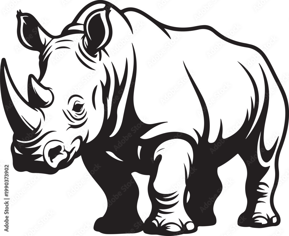 Fototapeta premium Black and white vector illustration of a rhinoceros silhouette in botanical design.Rhinoceros Illustration.