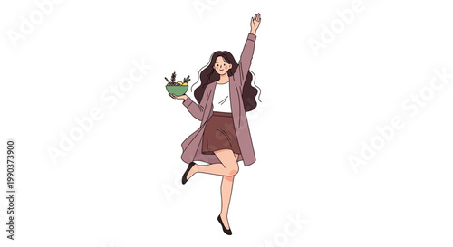 Happy young woman holding a salad bowl and celebrating with joy.