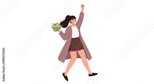Happy young woman jumping with a bowl of salad.