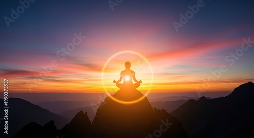 A person meditates on a mountain peak during a serene sunset with a vibrant sky
