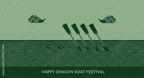 Set of four traditional wooden dragon boat paddles for rowing.