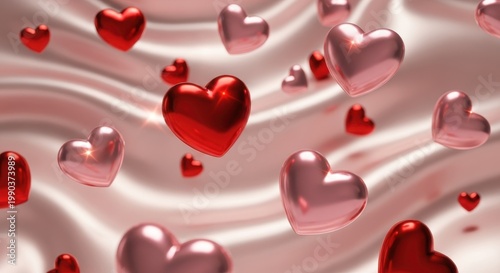 A beautiful collection of shiny red and pink hearts floating on a soft, wavy pink background, perfect for Valentine's Day or love-themed designs