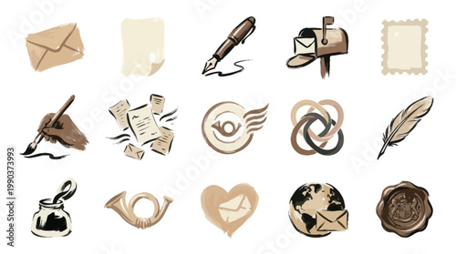 A collection of vintage-style illustrations depicting various elements related to mail, correspondence, and communication, rendered in a sepia-toned palette.