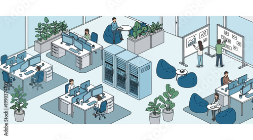 Isometric modern office interior with people working at desks and collaborative workspace