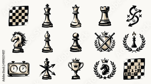 A collection of hand-drawn chess-themed icons and symbols, including chess pieces, a chessboard, a trophy, and a chess clock.