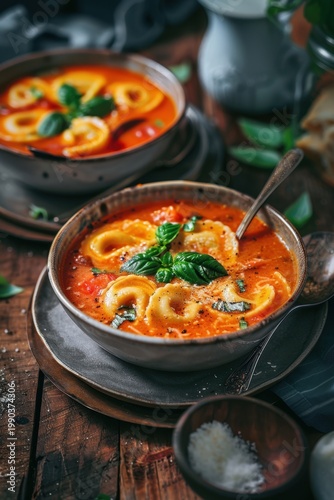 Creamy tomato soup with cheese tortellini and fresh basil garnish