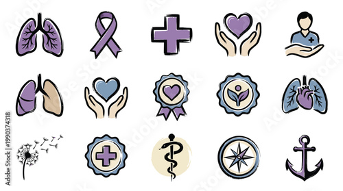 A collection of medical and health-related icons, including lungs, hearts, crosses, and awareness ribbons, presented in a clean, illustrative style.