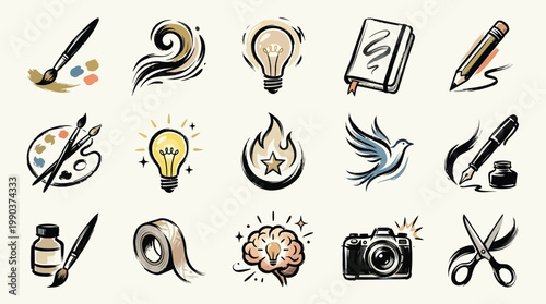 A collection of hand-drawn icons representing creativity, art, and inspiration, including paintbrushes, lightbulbs, a brain, and a camera.