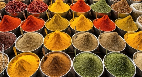 A vibrant display of colorful spices and herbs in small bowls at a market