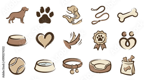 A collection of hand-drawn icons representing various aspects of dog ownership and care, including a dog, paw print, leash, bone, food bowl, heart, and bed.