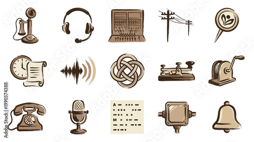 A collection of vintage communication devices and symbols, including telephones, headphones, microphones, and telegraph equipment.