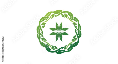 Green leafy wreath with cross symbol on white background decorative design