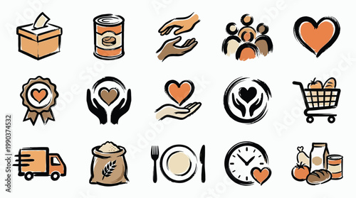 A collection of hand-drawn icons representing charity, donation, and community support services, including food, care, and helping hands.