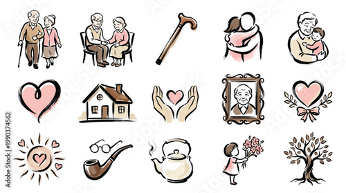 Collection of hand-drawn icons representing family, love, home, and aging, with a warm, gentle aesthetic.