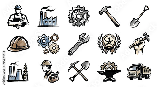 A collection of industrial icons representing various aspects of labor, tools, and manufacturing processes.