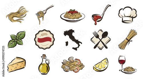 A vibrant collection of Italian food and culinary icons, featuring pasta, cheese, herbs, and wine, perfect for a restaurant or food blog.