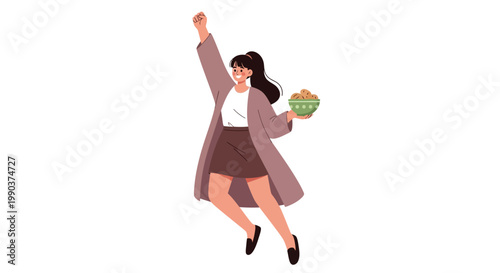 Happy young woman holding a bowl of salad jumping with joy.