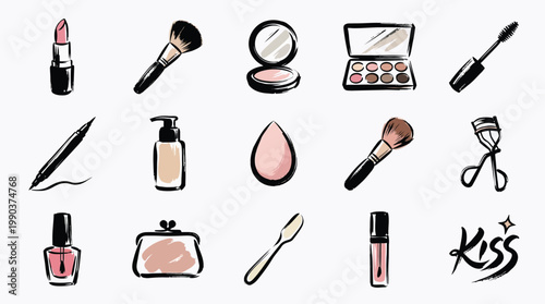 A collection of hand-drawn illustrations of various makeup and beauty products, including lipstick, brushes, eyeshadow, mascara, foundation, and nail polish.