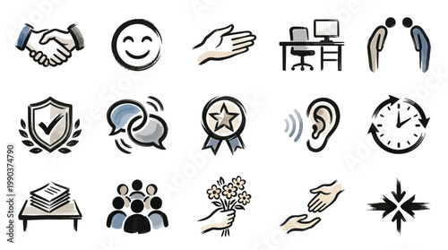A collection of hand-drawn icons representing various aspects of business, communication, and human interaction, including handshakes, smiles, and teamwork.