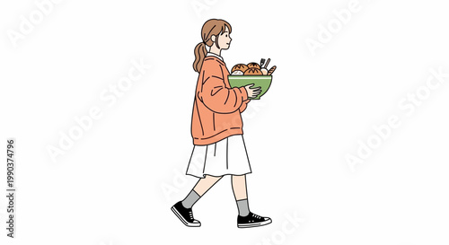 Young woman walking carrying a bowl of food illustration.