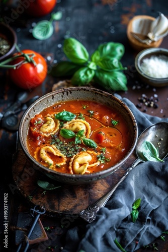 Creamy tomato soup with cheese tortellini and fresh basil garnish