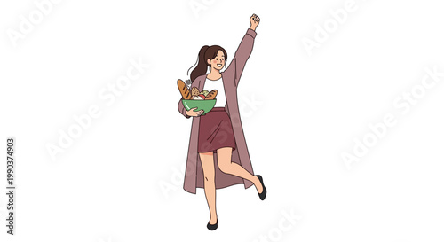 Happy young woman carrying a basket of fresh groceries.