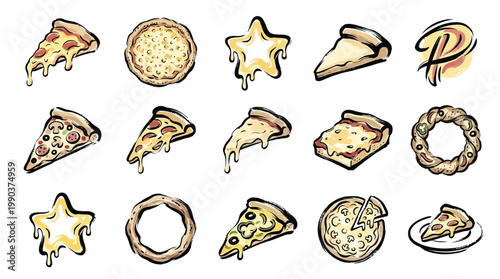 A vibrant collection of hand-drawn pizza slices, whole pizzas, and star-shaped cheese doodles, showcasing a variety of toppings and melted cheese.