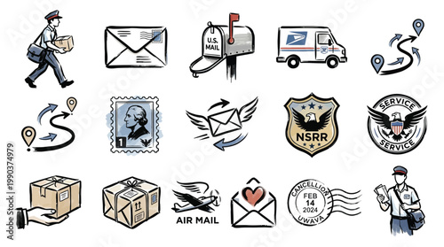 Collection of postal service and delivery icons, including a mail carrier, envelopes, mailboxes, delivery trucks, stamps, and packages.