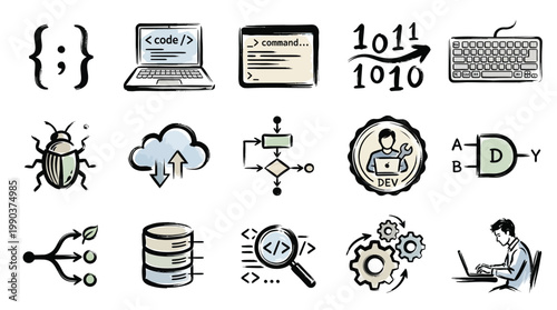 A collection of hand-drawn icons representing various aspects of software development, coding, and technology.