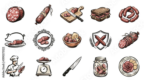 A collection of 15 hand-drawn illustrations depicting various types of sausages, meat products, and related culinary items, presented in a grid layout.