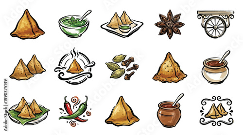 A vibrant collection of hand-drawn illustrations featuring samosas, chutneys, spices, and traditional Indian elements, perfect for culinary or cultural themes.