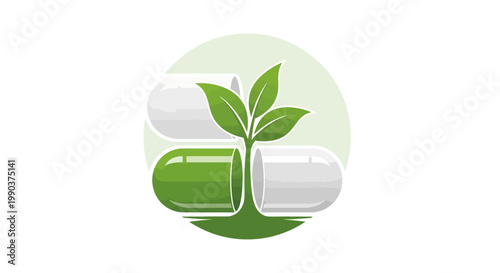 Medical concept green plant emerging from capsule against white background