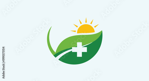 Medical cross sun and leaf logo vector illustration green and yellow